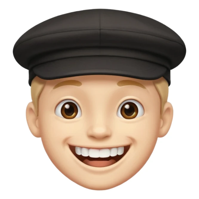 cheerful boy in a black cap showing big front teeth sticker