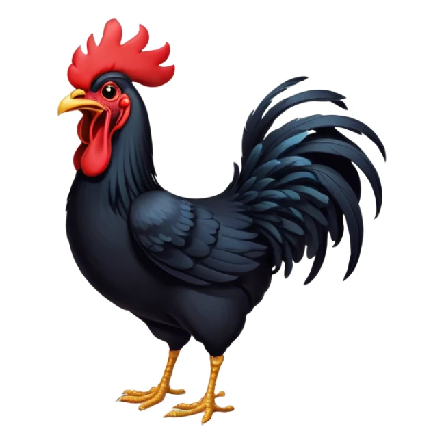 Cinematic Cute Yawning Black Rooster Portrait Emoji, Head tilted slightly with a dramatic, wide-open yawn, showcasing a soft, downy black plumage with a crisp red comb and drooping wings, round eyes barely open in drowsy contentment, Simplified yet irresistibly adorable features, highly detailed, glowing with a soft, cozy glow, high shine, relaxed yet expressive, stylized with a touch of whimsy, bright and endearing, soft glowing outline, capturing the essence of a sleepy yet affectionate rooster, so drowsy it feels like it could stretch out of the screen and curl up for a nap! sticker