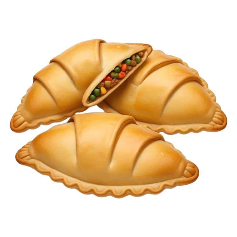 Cinematic Realistic Empanadas Dish Emoji, showcasing crispy fried turnovers filled with spiced meat and vegetables rendered with rich textures and dynamic, appetizing lighting. sticker