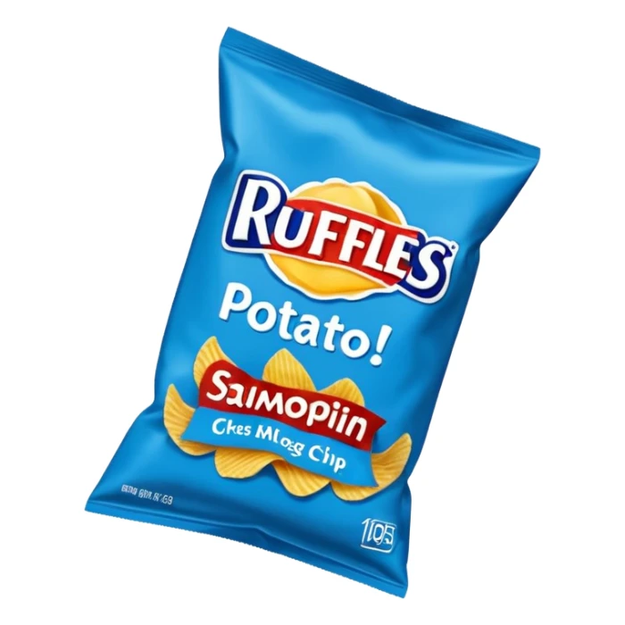 Draw a Ruffles chip bag in blue packaging with ridged potato chips spilling out. sticker