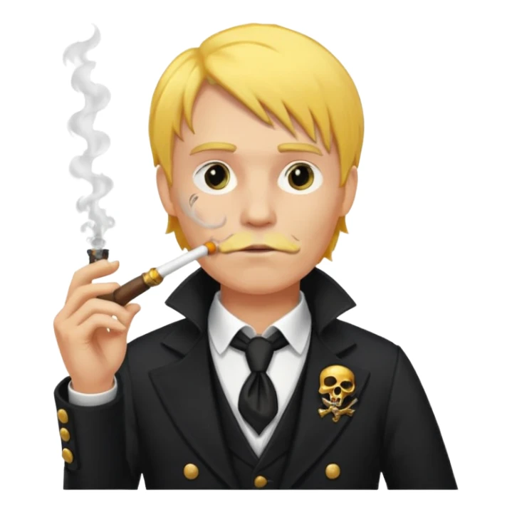 A man with yellow hair, in a black business suit, smoking a pirate pipe sticker
