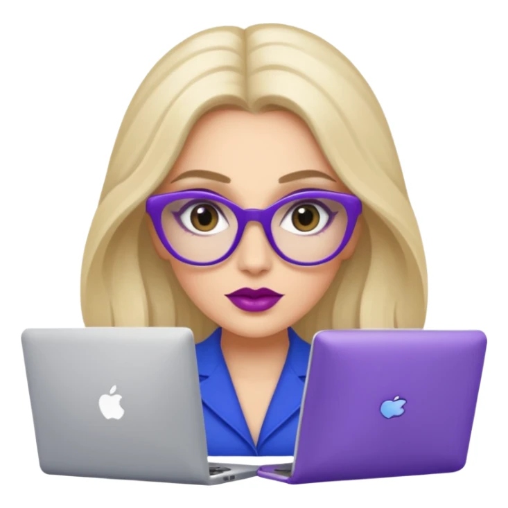 donna bella, occhi azzurri con occhiali, capelli medi, lisci e biondi, lavora al pc. Labbra color malva chiaro sticker