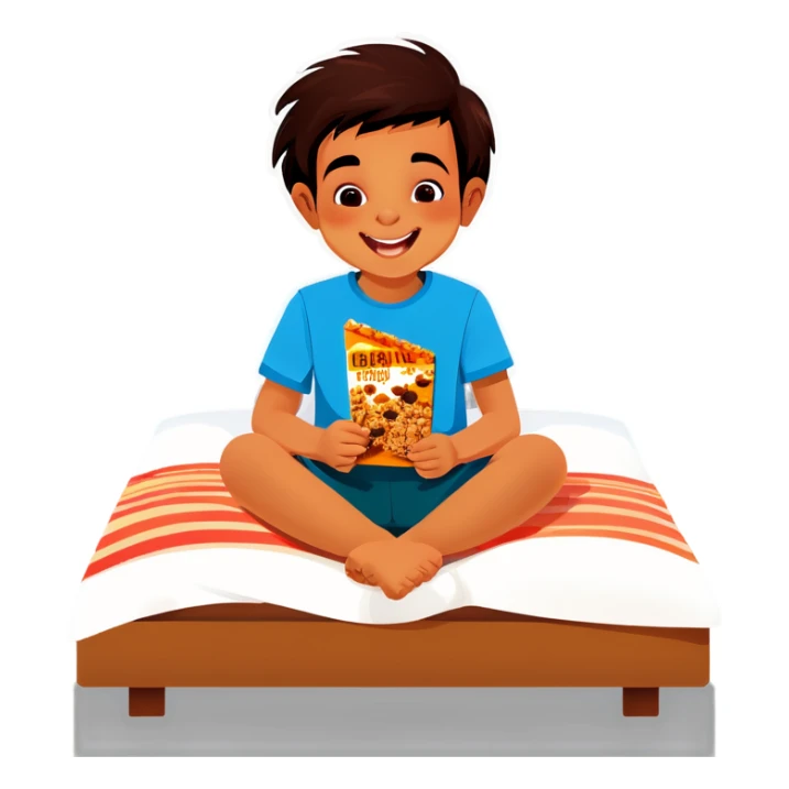 Kid eating granola bar in bed reading sitting Indian style sticker