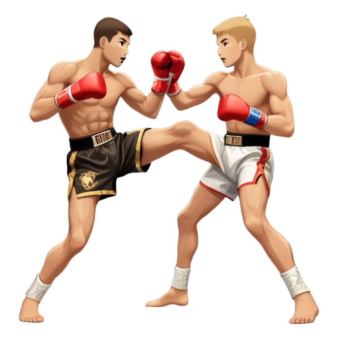 An icon showcasing a high-energy kickboxing match. Two fighters in action, one delivering a powerful roundhouse kick while the other defends with gloves raised. The background features a professional ring with bright lights and a cheering crowd. Transparent background. sticker