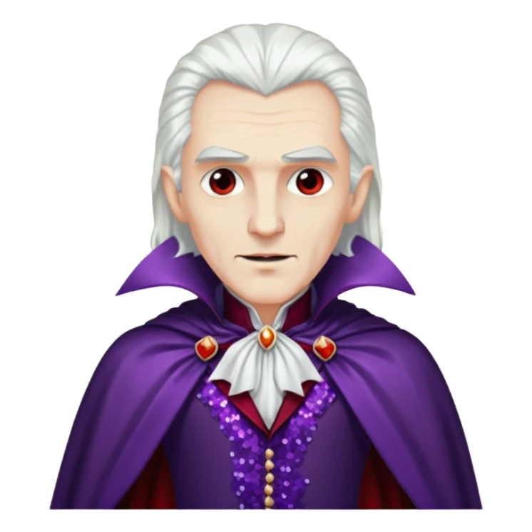 Dracula with long white hair, dark purple sequin suit, dark red sequin cape sticker