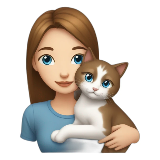 light gray, blue eyed cat cuddles brown highlighted colored girl sticker