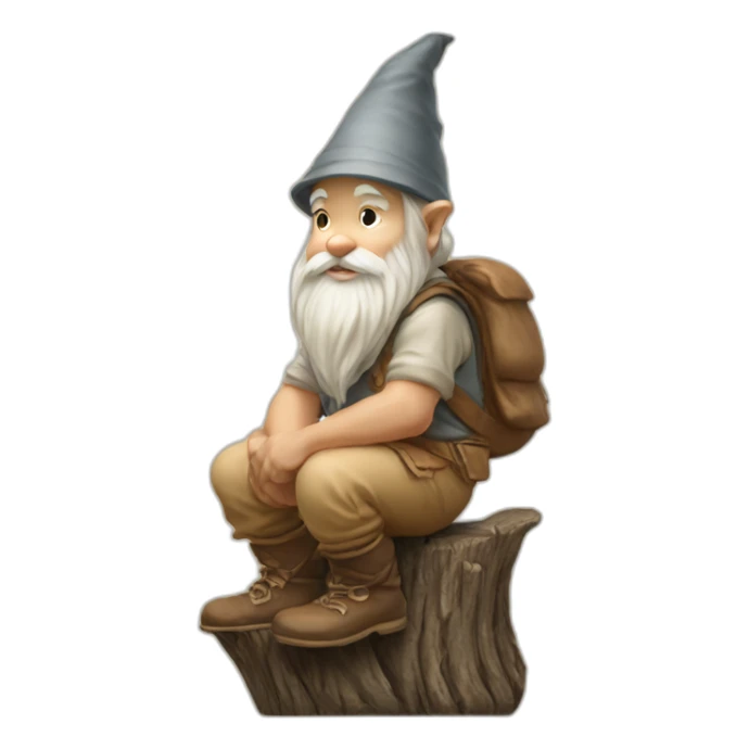 side view of gnome with light tan pants squatting on top of tiny brown log sticker