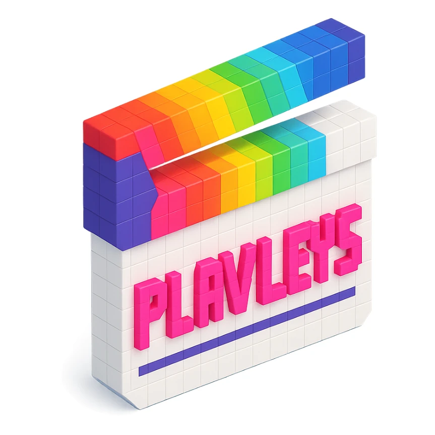 voxel style movie clapperboard, white body, rainbow striped lid, pink text 'PLAVLEYS', isometric view sticker