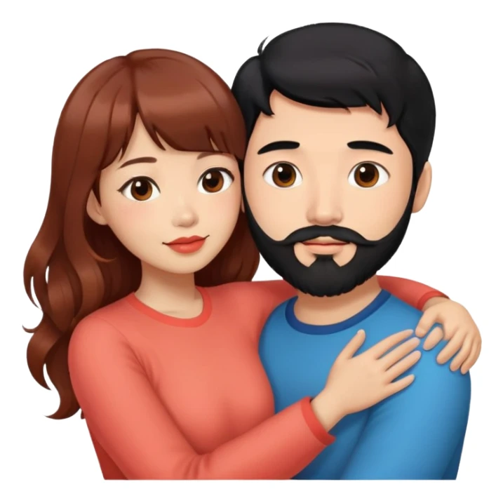 handsome asian man with black hair and beard, hugging cute woman with light tan skin and long wavy reddish brown hair with bangs and coral lipstick sticker