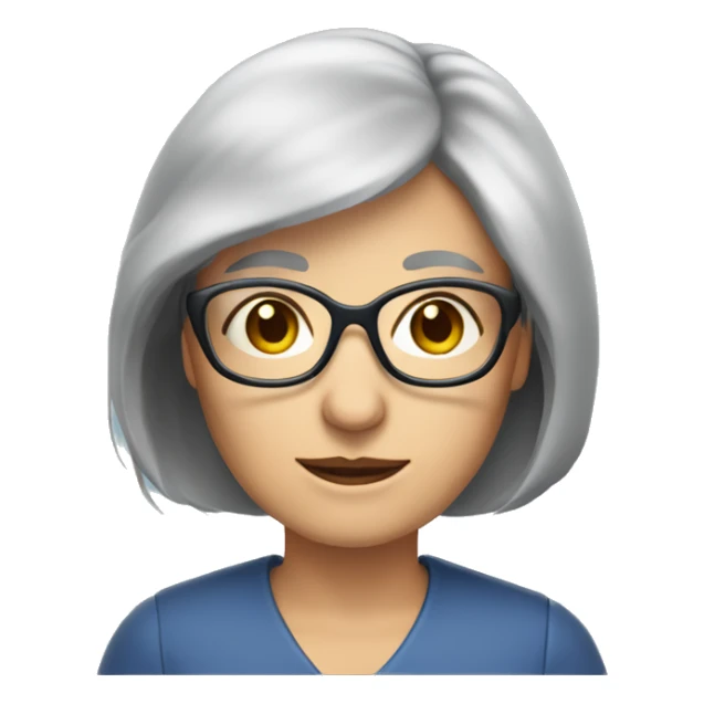 Grey long bob haired lady aged 55 76 kg brown eyes blue square glasses sticker