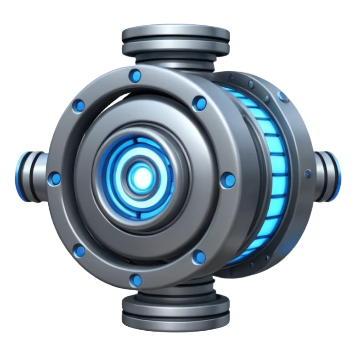 Powerful half-futuristic half-modern gray colored engine emoji, thick industrial metal body, rotating inner parts, glowing energy core.

 sticker