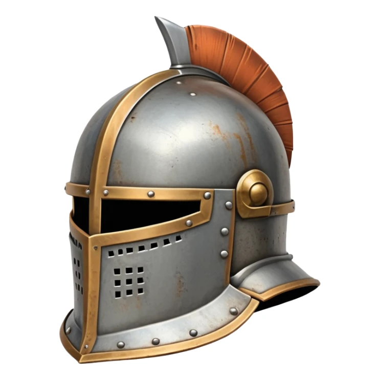 Antique medieval knight helmet with light rust and weathered metal sticker