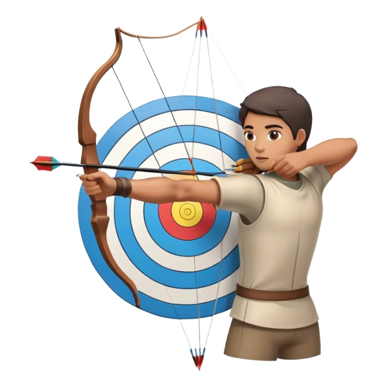 An archer drawing a bow and aiming an arrow at a target, with perfect focus and precision. The target is visible in the background, featuring concentric rings. The scene captures the concentration and skill involved in archery, emphasizing the elegance and accuracy of the sport. sticker