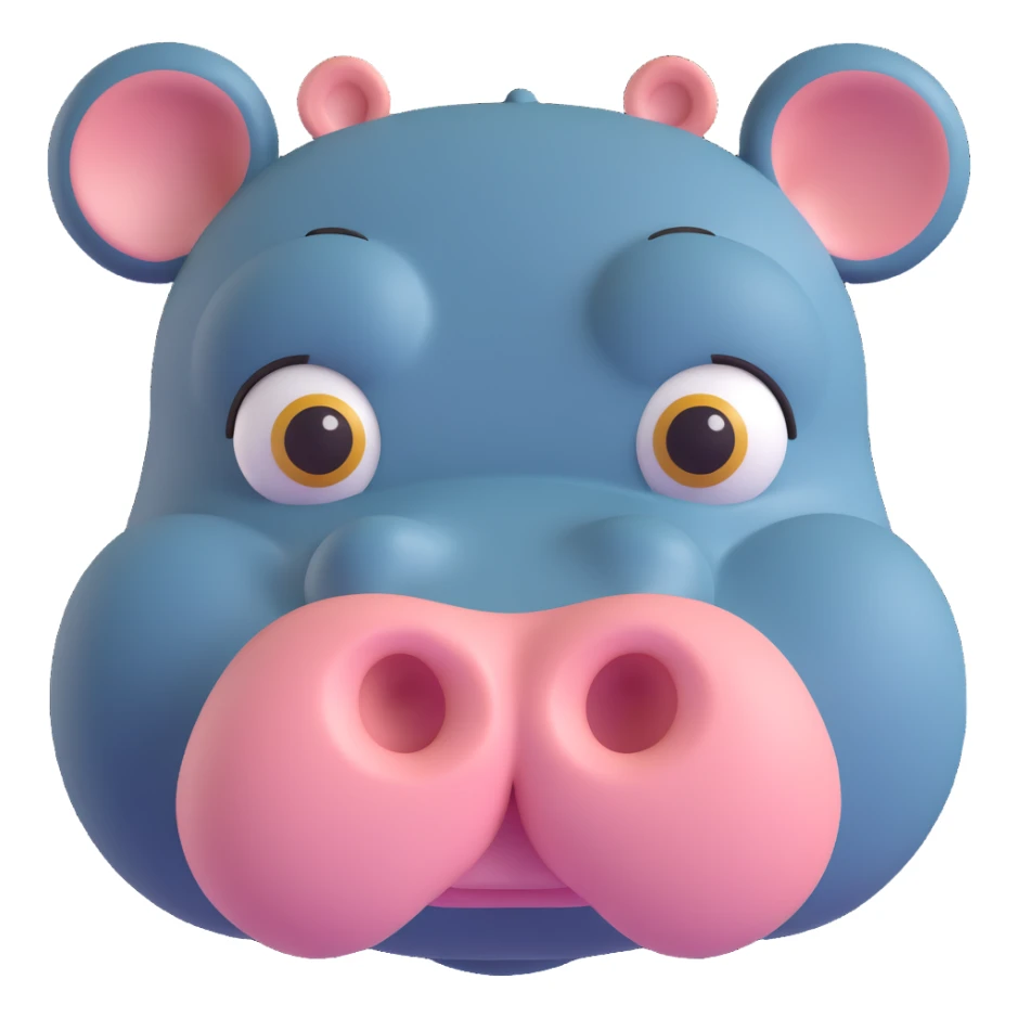 3D emoji style hippo face, front view, round snout, expressive eyes, simple and cute sticker