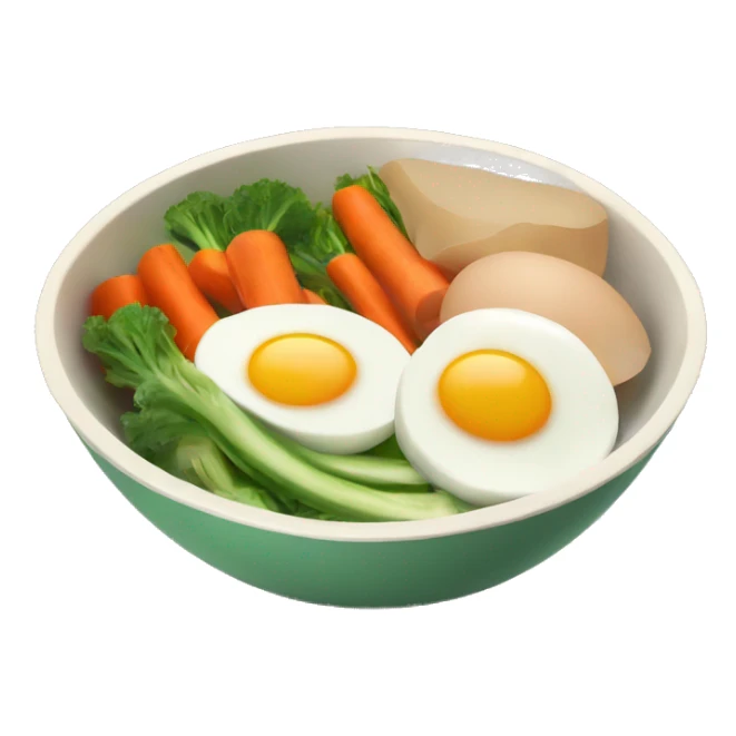 Bowl with sliced vegetables and egg sticker