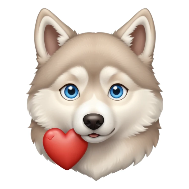 Beige husky with blue eyes holding a brown heart sticker