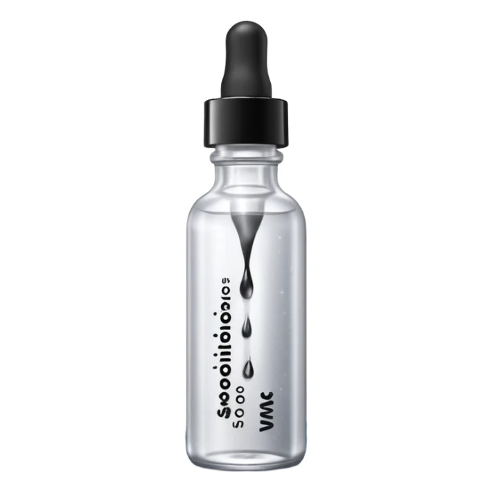 Slim clear dropper bottle with white cap and minimal black text label. Floating above a silver ripple, with icy shimmer rings pulsing outward. Surrounded by tiny frozen sparkles and wrinkle-smoothing energy beams. Looks like a precision anti-aging serum potion — sharp, cold, and potent. sticker