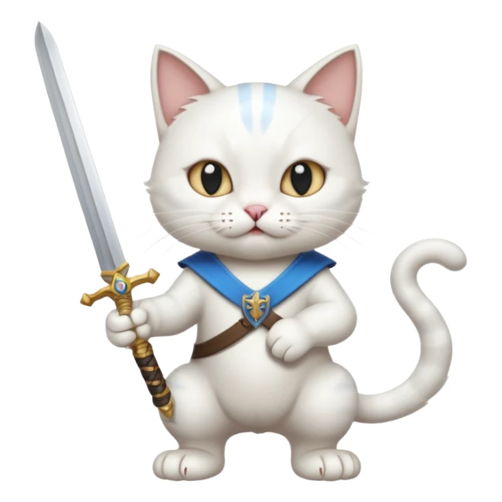 un gato blanco con una espada en cada mano y una en la boca sticker