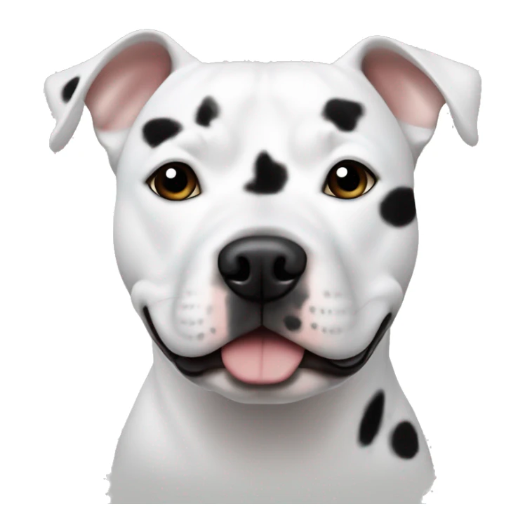 A White Staffy with tiny black spots scattered around middle of his face and nose in a Apple style sticker