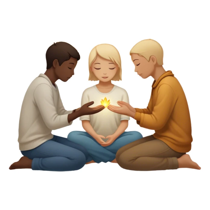 A silhouette of a person sitting with their head down, surrounded by two souls—one offering a hand and another radiating warmth, symbolizing kindness. A soft light behind them represents hope, unseen but present. 🌅 sticker