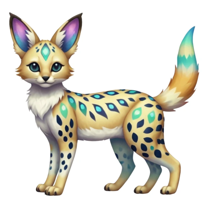 Rare iridescent white exotic epic aesthetic colorful Trico-Eevee-Serval-Genet-species-Fakemon-hybrid-creature, with intricate tattoo markings, full body sticker