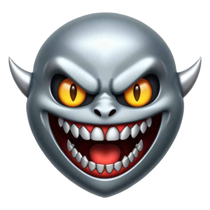 Stylized emoji icon of metallic teeth with sharp fangs, chrome texture, dark shadows, aggressive look sticker