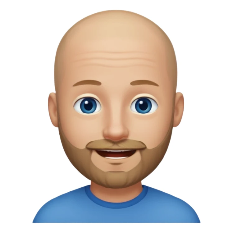 Shaved head with dark blonde beard and blue eyes with mouth closed smile sticker