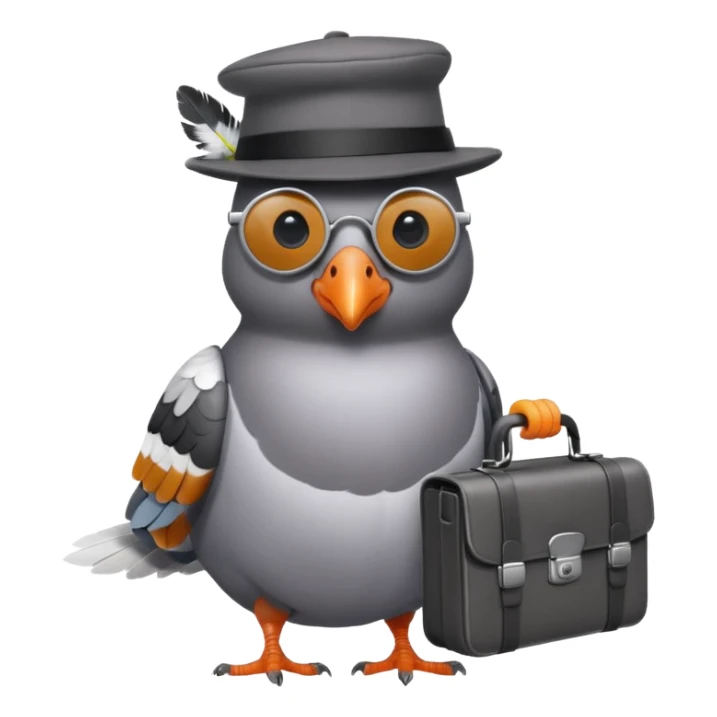 a clever pigeon wearing a tiny spy hat and sunglasses, holding a miniature briefcase sticker