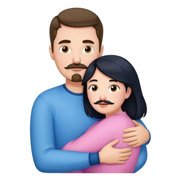 Tall white man with brown mustache goatee wearing blue hugging a chubby short pale woman with long black hair wearing pink sticker