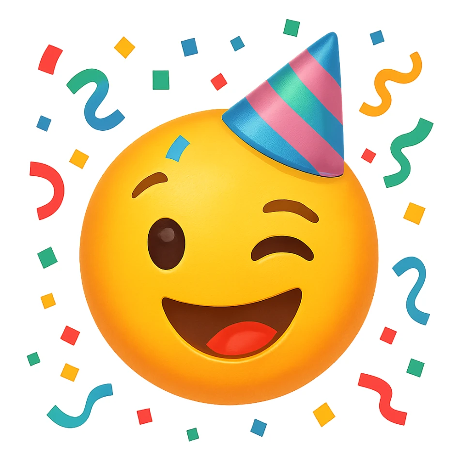 face with confetti and party hat emoji, digital illustration sticker