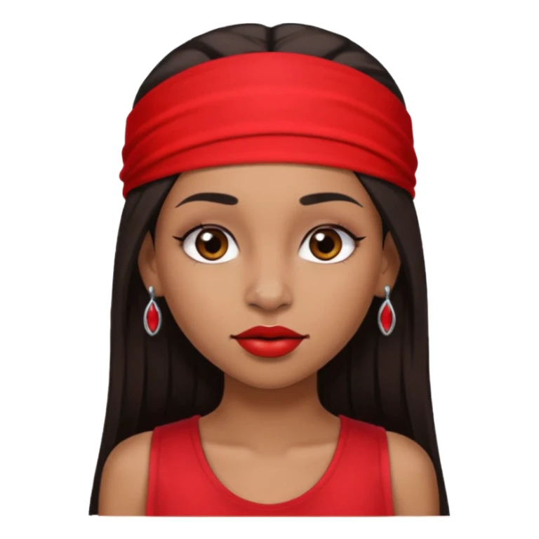 light-skinned black girl with long eyelashes with long strait dark brown hair with edges wearing a red top with no sleeves. and a red accessory on her head with nose and mouth piercings. sticker