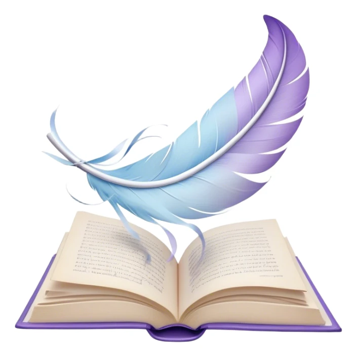 Create a delicate and poetic emoji representing poetry. The design should feature several elegantly flying pages with short poetic columns written on them. The pages should appear light and flowing, almost as if being carried by the wind. Include a white feather gently resting on the pages, symbolizing creativity and inspiration. Use soft, pastel tones like light blues, purples, and creams to give it a dreamy, artistic feel. The design should feel ethereal and whimsical, capturing the essence of poetry. Make the background transparent. sticker