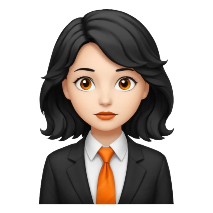 lady in white shirt, orange tie, black wavy hair sticker