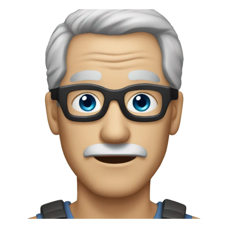 An old man with short grey hair, blue eyes, and a robber mask sticker