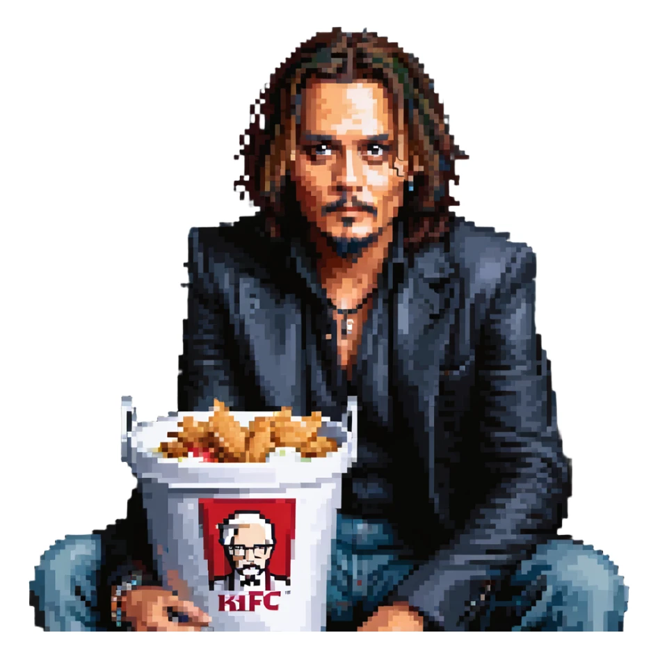 Johnny Depp sitting in a KFC bucket, long hair, goatee sticker