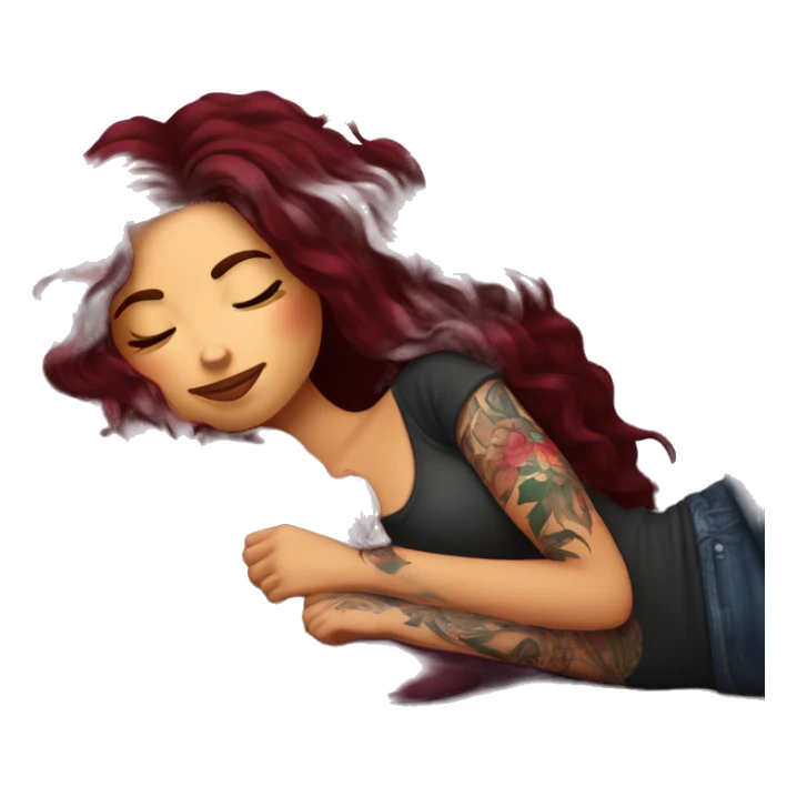 Beautiful tattooed burgundy long haired woman napping on sofa sticker