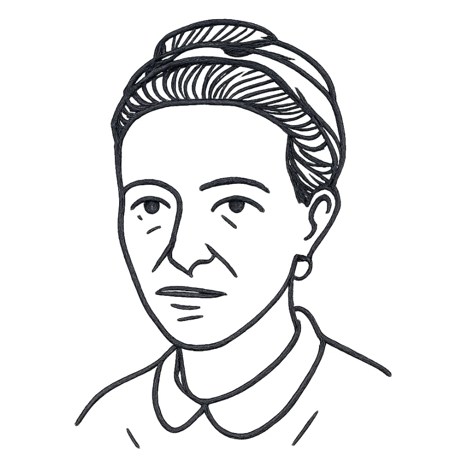 a hand drawn black outline portrait of philosopher Simone de Beauvoir with similar-sized eyes based a famous photograph of her sticker