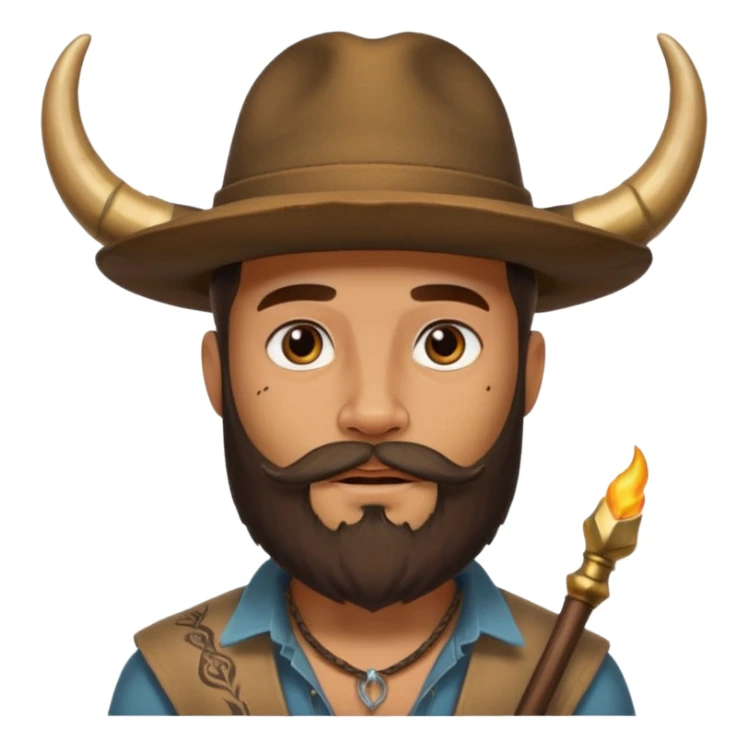 Bearded figure — large brown hat with horn, tattoo on face sticker