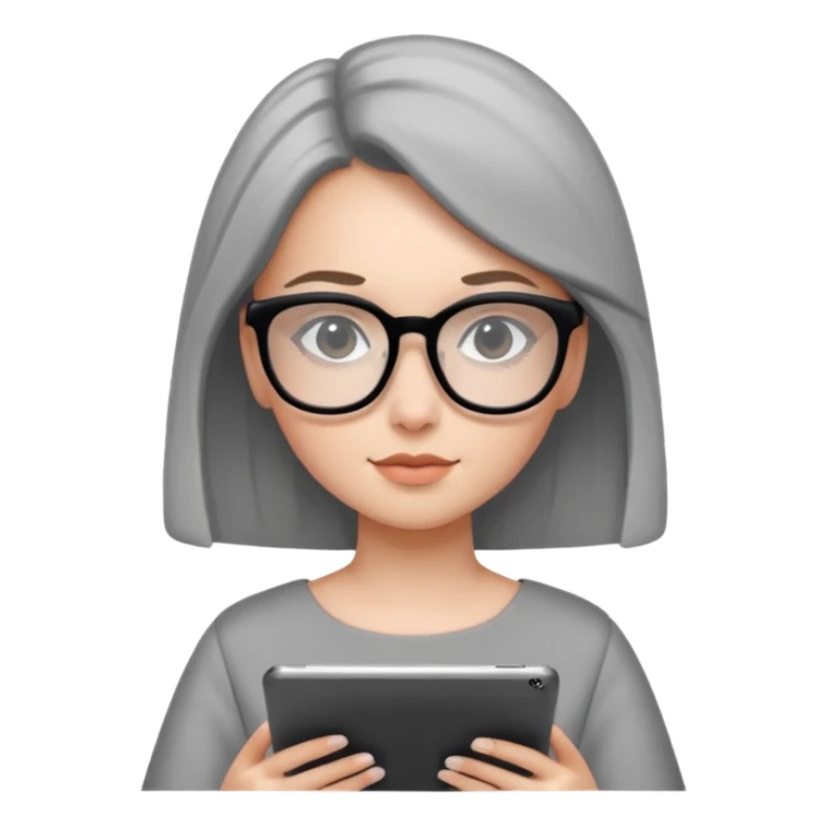 girl in a light gray dress and black square glasses studying with an Ipad. sticker