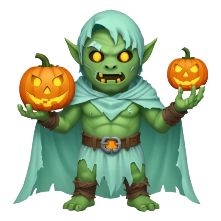 male orc warrior ghost emoji, green skin, tusks, wearing torn white ghost sheet costume, holding glowing jack-o'-lantern, faint blue aura, friendly but spooky expression, Halloween fantasy theme, Apple emoji style, clean white background, square sticker