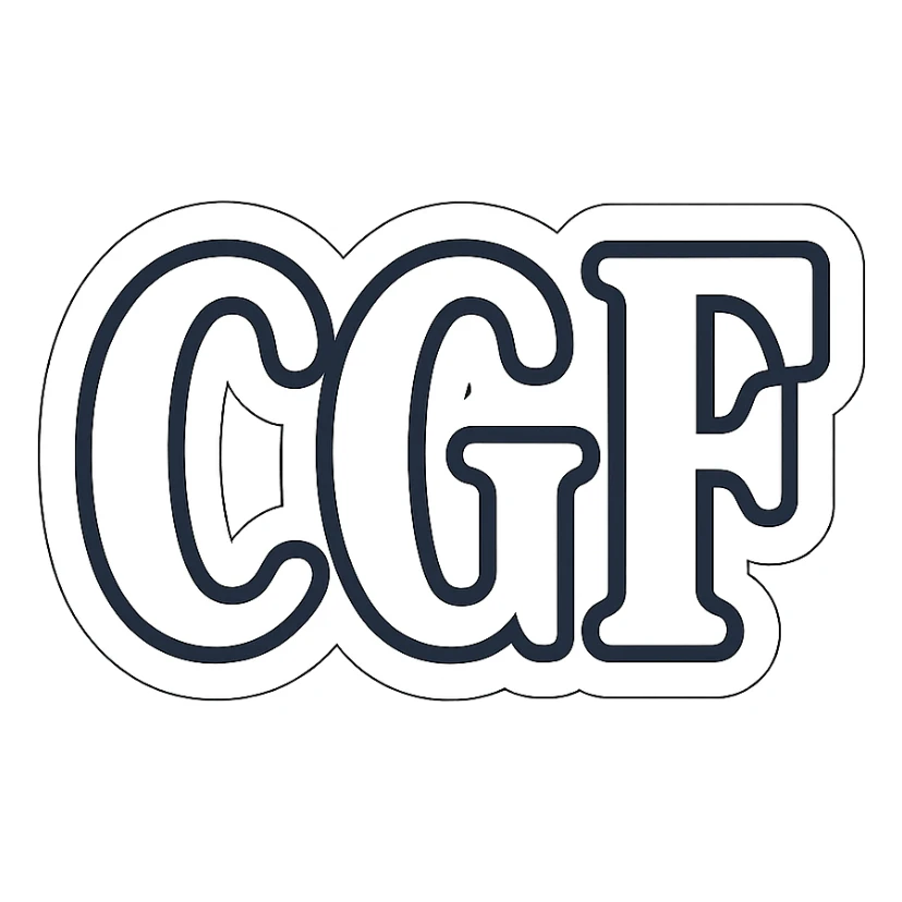Discord emote, 'CGF' in a classic font, white fill, thick white outline, centered, high contrast, transparent background, 128x128 sticker