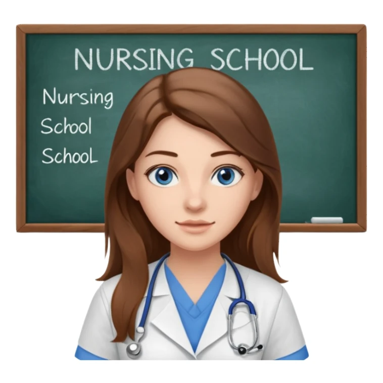 inside a classroom at university that says nursing school on the board with a pretty female nursing student with long brown hair, blue eyes sticker