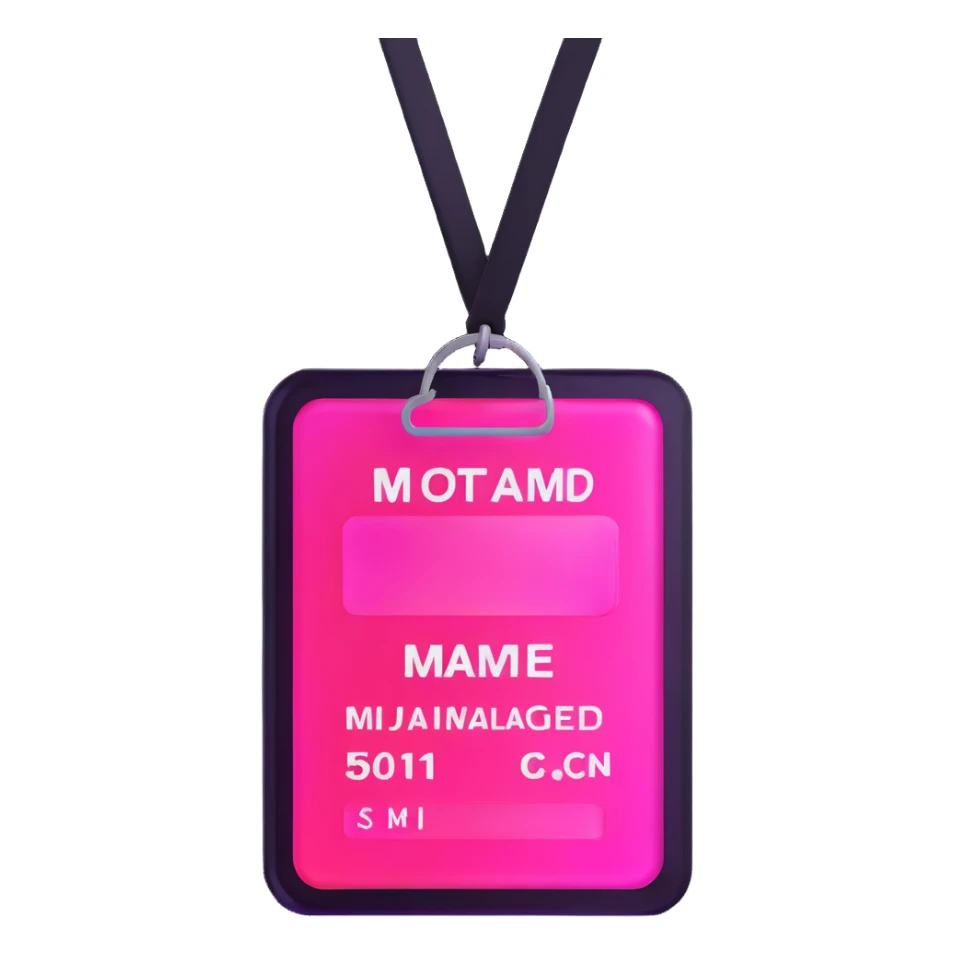 ID badge, transparent glass with bright pink gradient from #FF335F to #FF99AA, highlights and reflections, minimalistic sticker