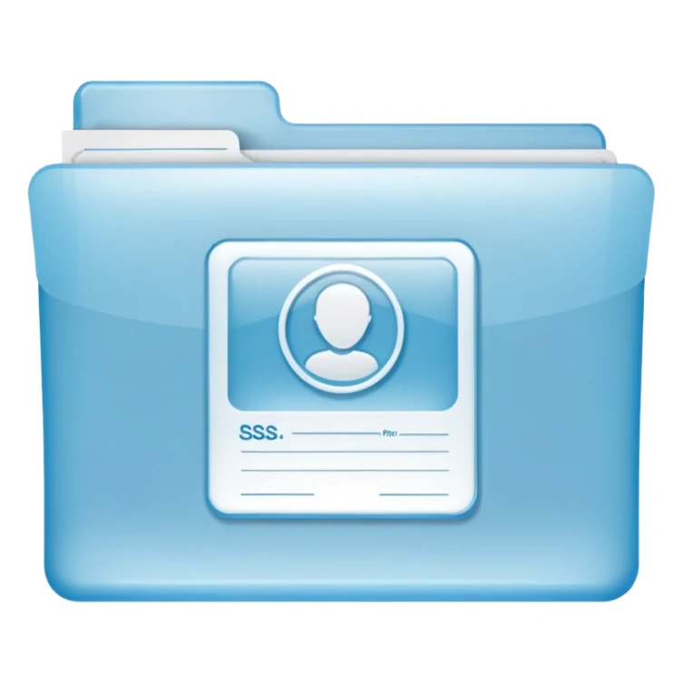 A simple emoji-style icon of a transparent plastic folder, clean and minimal, with rounded corners, subtle translucency, soft shading, and a small official documents symbol representing birth certificate, and SS. sticker