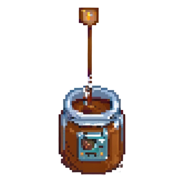 8-bit pixel art emoji, IV bag filled with brown coffee in a coffee cup connected sticker