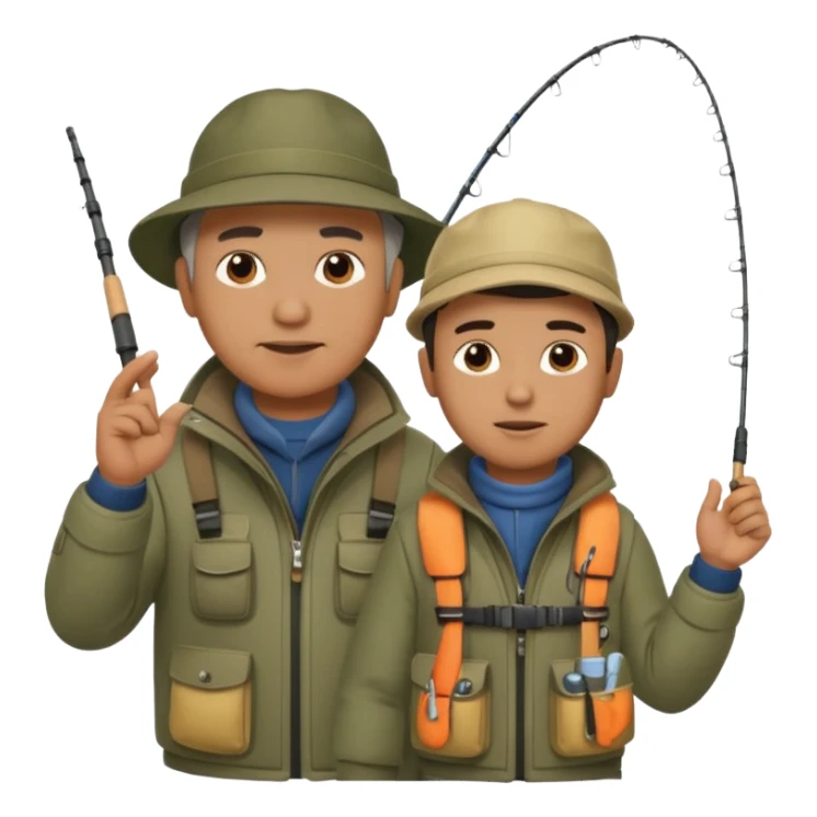 Father and son in fishing gear gesturing that they are cold sticker