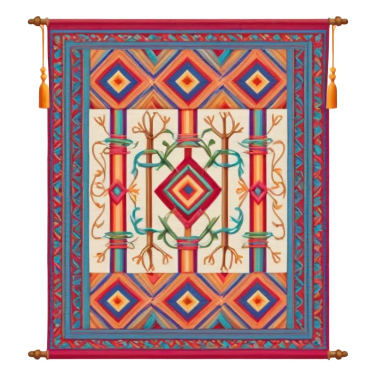 Tapestry icon, woven fabric with intricate patterns, weaving loom, colorful threads, detailed design, minimalistic style, clean lines, transparent background. sticker