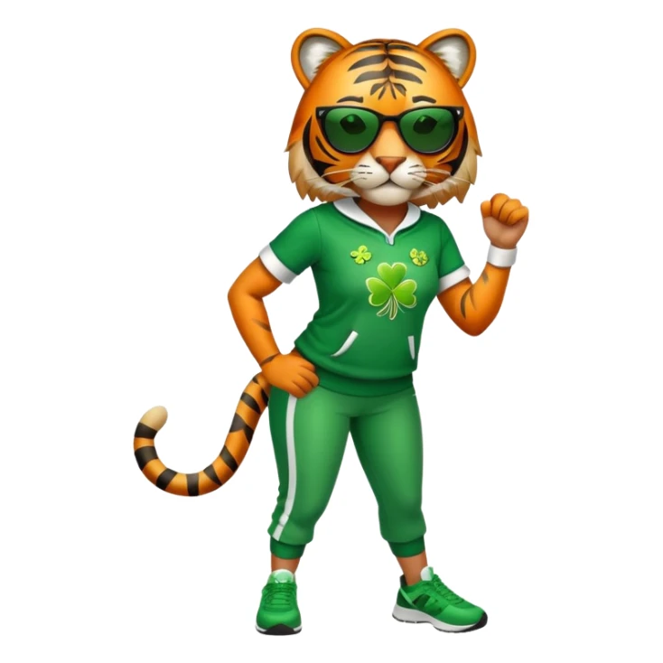 female energetic anthropomorphised tiger in full body, wearing St. Patrick's Day themed sportswear and dark sunglasses sticker