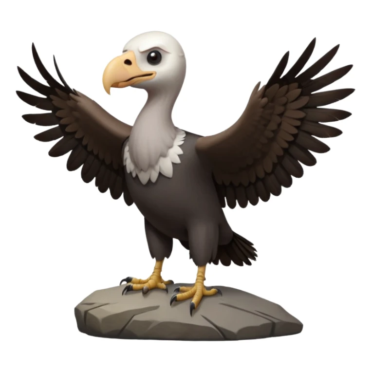 a vulture — large bird with dark brown feathers, bald WHİTE head, curved beak and sharp eyes — standing proudly on a rock — wings slightly open — realistic yet cute cartoon emoji look, clean lighting, soft shadows. sticker
