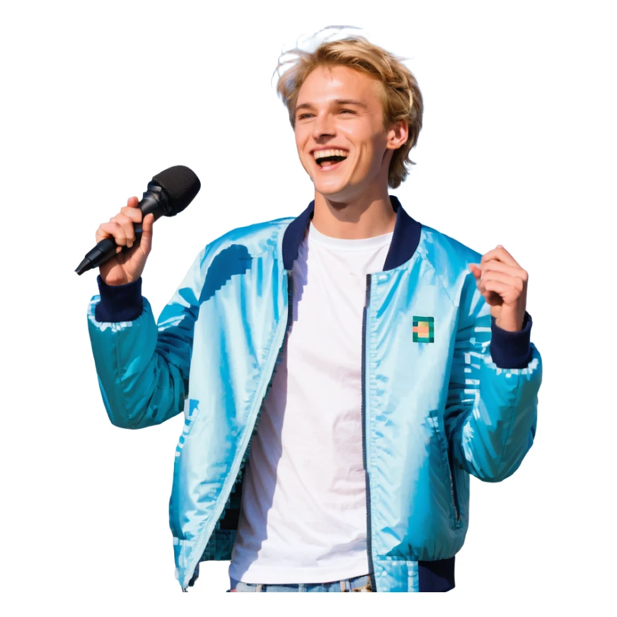 Pixel art style, expressive male performer, Caucasian features, short sandy blonde hair, lively eyes, wide cheerful smile, wearing a sky blue jacket over white tee, tossing a microphone in one hand, waist-up, front-facing sticker